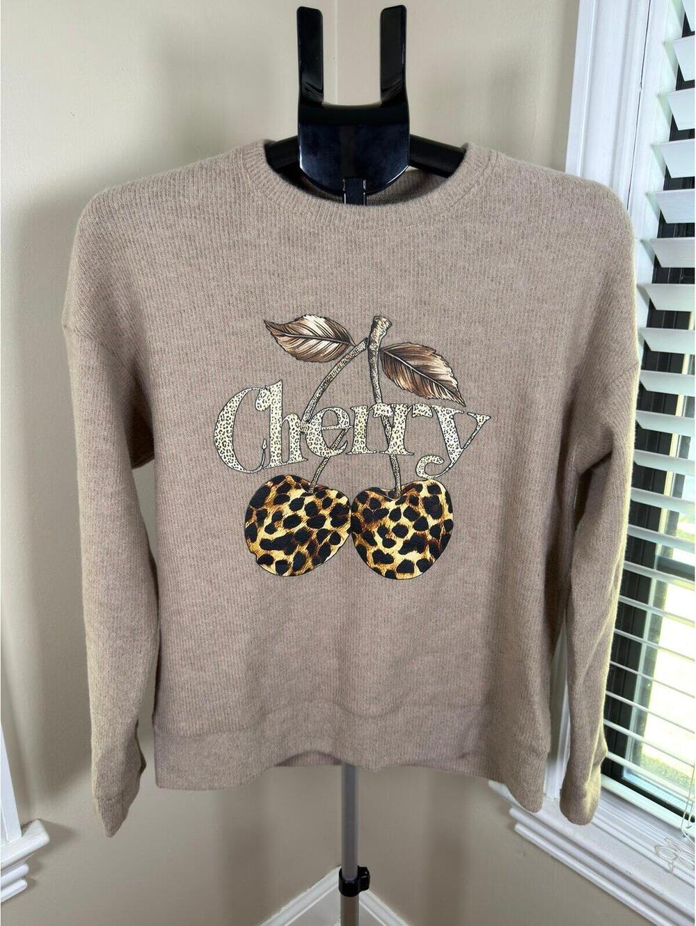NWOT Leopard Cherry Graphic Sweater XS Oatmeal Soft Knit Boutique Pullover